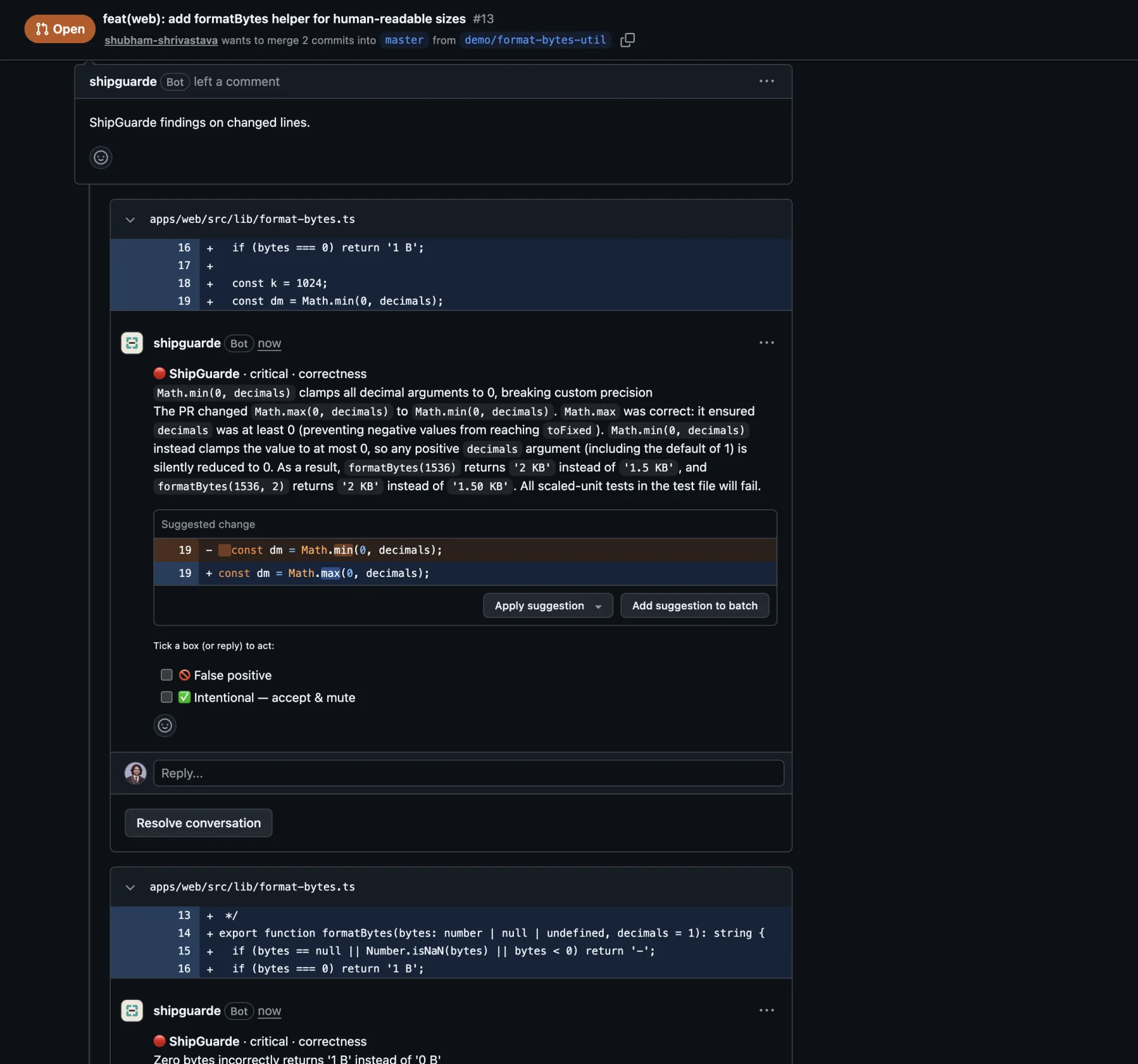 A ShipGuarde review comment on a GitHub pull request with an inline code suggestion