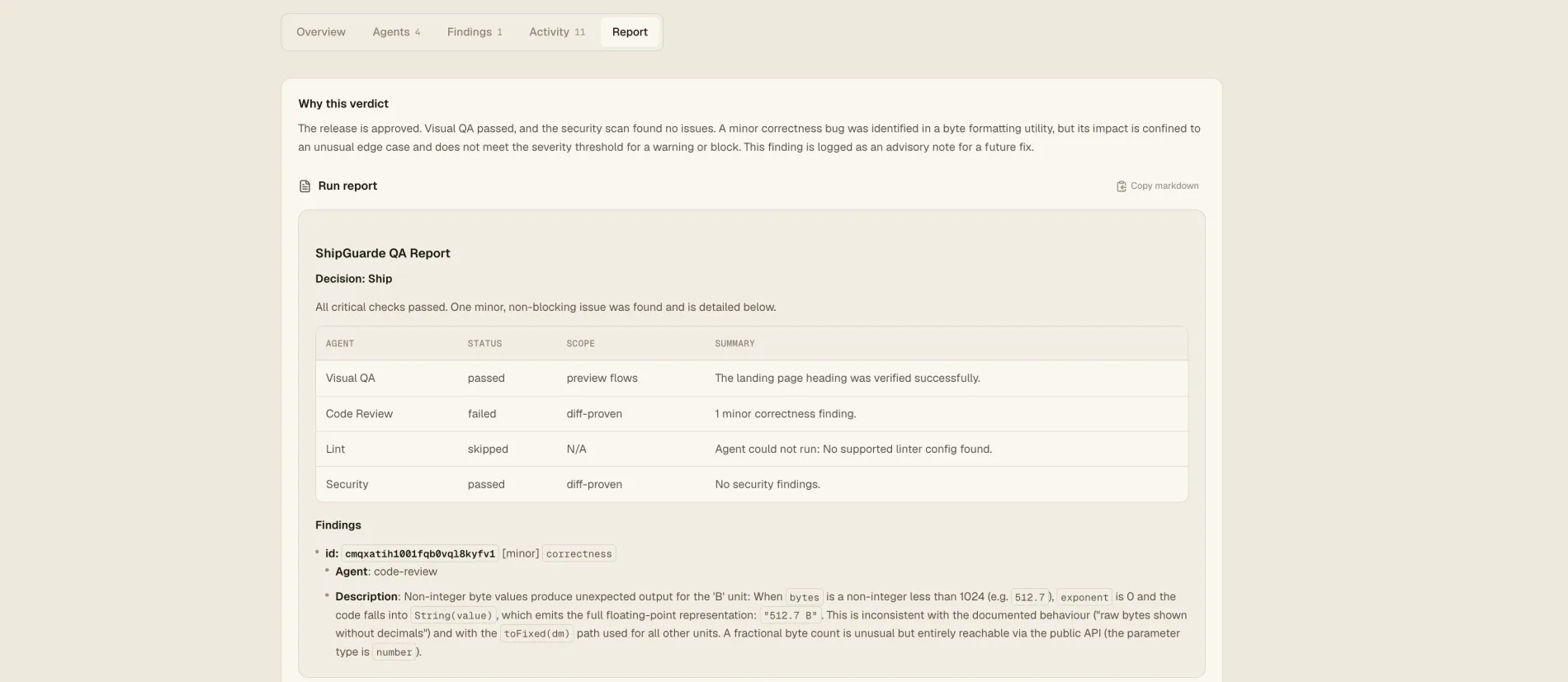 One certificate for code review and visual QA